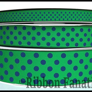 5 yds 3/8&quot; or  7/8&quot; or 1.5&quot; Emerald Green with Navy Blue Polka Dots Grosgrain Ribbon