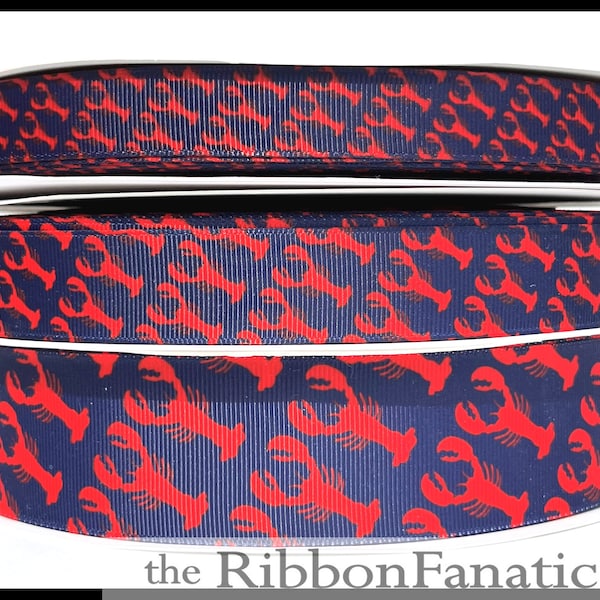 5 yds 5/8" or 7/8" or 1.5" Diagonal Red Lobsters on Navy Blue Preppy Grosgrain Ribbon