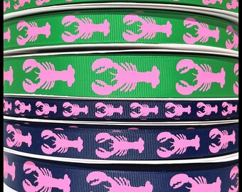 5 yds 3/8"  5/8" or 7/8" Hot Pink Lobsters on Navy Blue or Emerald Green Preppy Grosgrain Ribbon