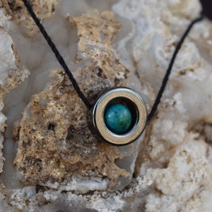 hematite + chrysocolla choker necklace ; unique jewelry with real stones ; 6mm chrysocolla/crisocola nested in hematite circle on black cord