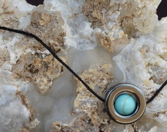 turquoise + hematite choker necklace ; unique jewelry with real stones ; .7 cm turquoise hematite circle on black cord choker necklace
