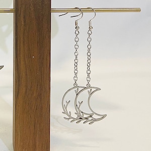 crescent moon & vines ; sterling silver or nickel free earrings - unique non binary witchy jewelry gifts for sisters siblings teens teachers