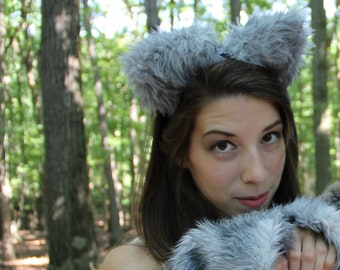 furry wolf ears ; ladies' or men's halloween costume ; custom sizing/made-to-measure ; fluffy triangular ears on a headband