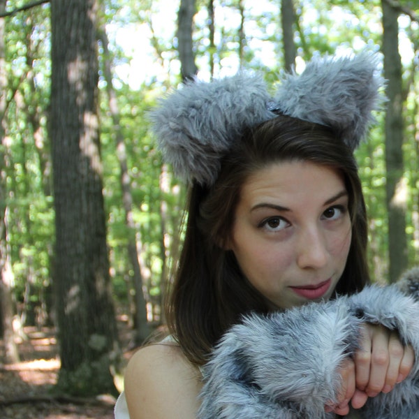 furry wolf ears ; ladies' or men's halloween costume ; custom sizing/made-to-measure ; fluffy triangular ears on a headband