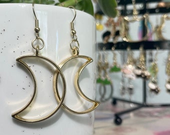 gold crescent moons - earrings on nickel free or 14k gold or sterling silver wire , non-binary jewelry gifts for witchy mom teen friends