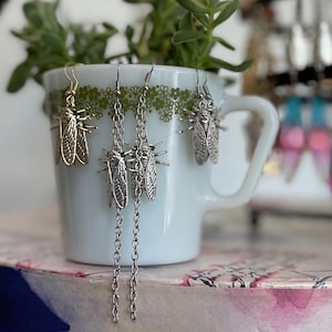 cicadas & chains - extra long earrings on nickel free / 14k gold / sterling silver wire , non-binary jewelry gifts for witchy goblin friends