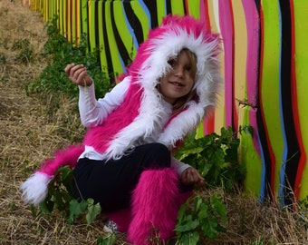 furry pink cat costume ; kids size halloween costume - fluffy pink hooded vest with ears and leg warmers ; custom sizing/made-to-measure