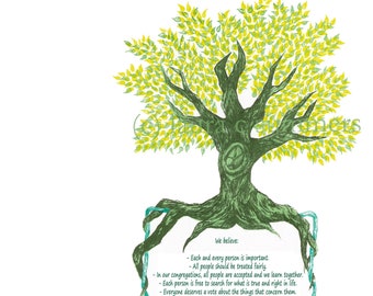 kids tree of principles ; print of eight unitarian universalist UU principles in simple language , gifts for ministers churches classrooms