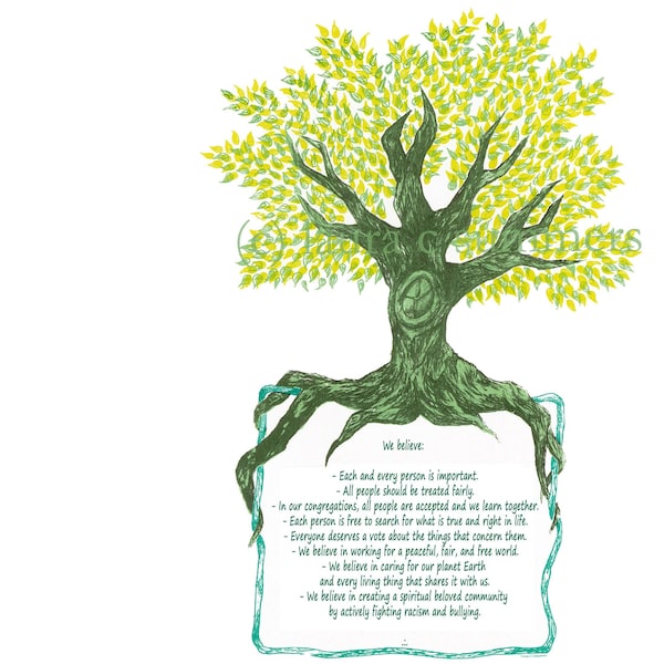 kids tree of principles ; print of eight unitarian universalist UU principles in simple language , gifts for ministers churches classrooms