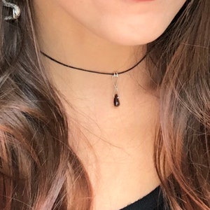 garnet blood drop choker necklace ; teardrop natural red stone crystal with sterling silver clasp on black brown or pink cotton cord