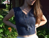 denim crop with metallic paint splatter and elastic corset sides space rave stretchy 90 39 s crop-top
