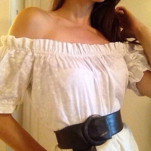 ruched off the shoulder peasant top ; made to measure ; white cotton with subtle floral pattern and gathered sleeves