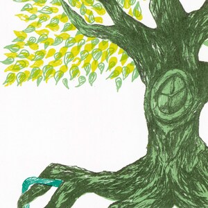 May include: A green tree with yellow leaves and a thick trunk. The tree has a large, gnarled root that extends out to the right. A turquoise blue ribbon is tied around the root.