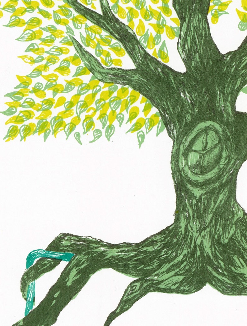 May include: A green tree with yellow leaves and a thick trunk. The tree has a large, gnarled root that extends out to the right. A turquoise blue ribbon is tied around the root.