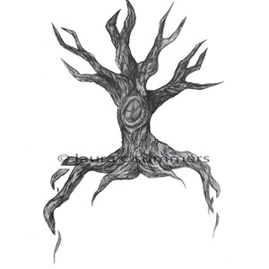 May include: A black and white pencil drawing of a tree with a window in the trunk and roots that look like legs.