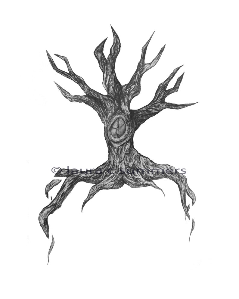 May include: A black and white pencil drawing of a tree with a window in the trunk and roots that look like legs.