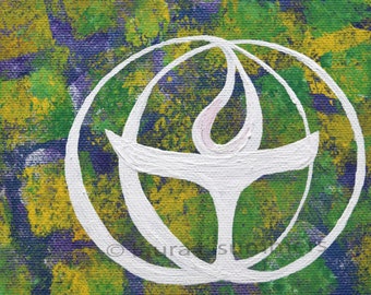 uu chalice print ; purple green yellow mardi gras colors, acryllic paint on canvas, poster prints or original unitarian universalist art