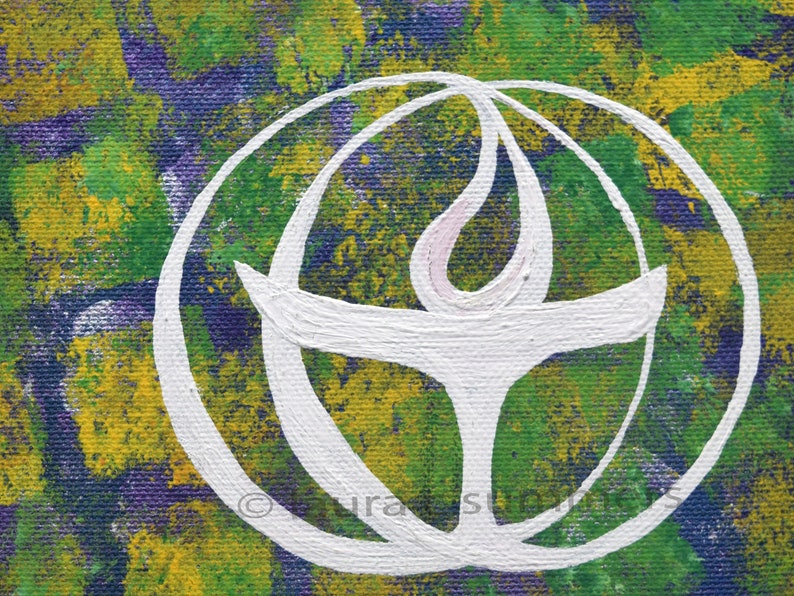 acryllic paint on canvas uu chalice print ; purple green yellow mardi gras colors poster prints or original unitarian universalist art
