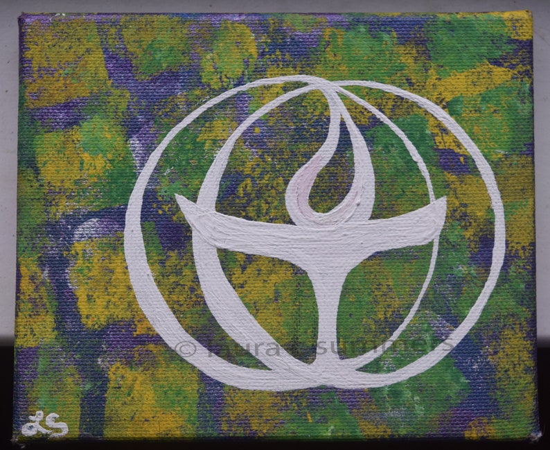 acryllic paint on canvas uu chalice print ; purple green yellow mardi gras colors poster prints or original unitarian universalist art