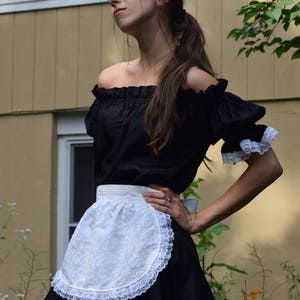 french maid costume ; perfect ladies&#39; halloween costume ; custom sizing/made-to-measure ; black off the shoulder top and crinoline skirt