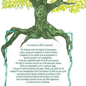 May include: A green tree with yellow leaves and a white background. The tree has a quote about community and justice written on a white background inside a green frame.