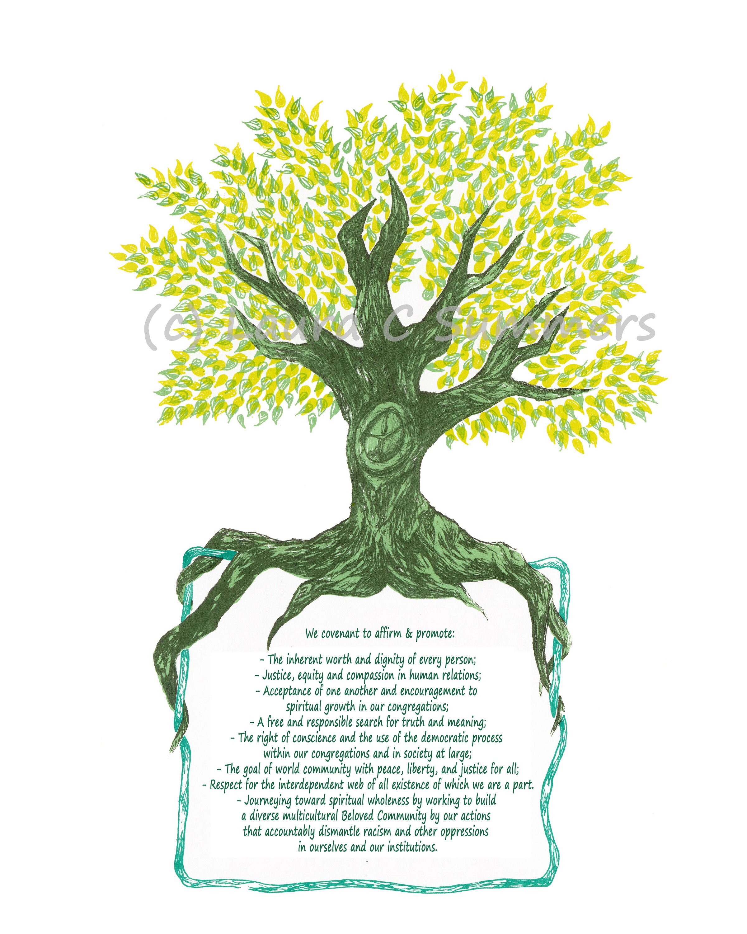 updated 8 principle unitarian universalist chalice tree ; 8x10 11x17 16x20 18x24 print or canvas ; anti racism teaching tools & church art