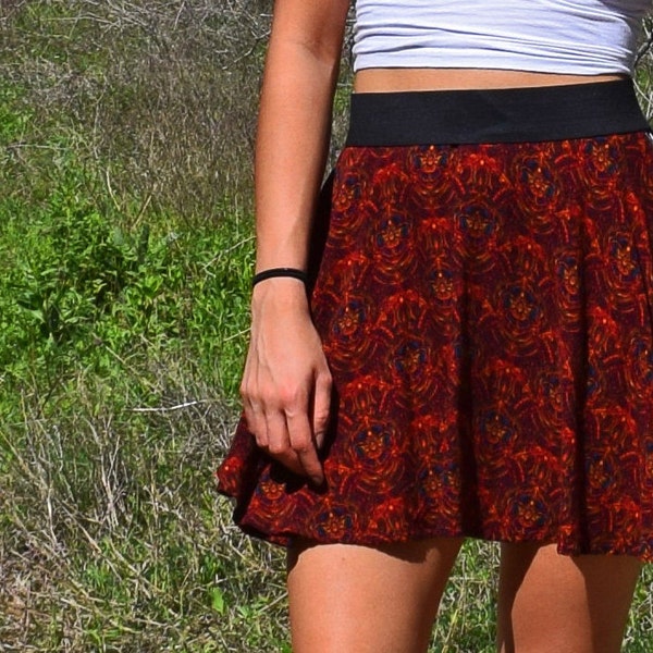 red floral mini with black elastic waistband - zero waste spring summer & fall fashion with sustainably sourced fabric - women's size small