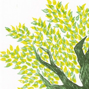 May include: A green tree with yellow leaves. The tree is drawn in a simple, stylized way, with thick branches and rounded leaves.