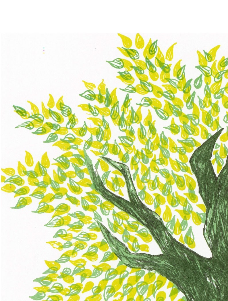 May include: A green tree with yellow leaves. The tree is drawn in a simple, stylized way, with thick branches and rounded leaves.