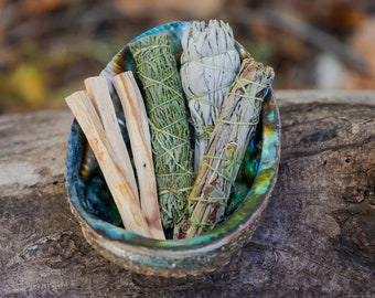 May include: An abalone shell bowl holds bundles of sage and cedar, along with several sticks of palo santo. The sage bundles are wrapped with twine. The shell has iridescent colors of blue, green, and gold.
