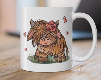 Highland Cow Mug, Teacher gift, Mother's Day,Cow lover, roses, pink floral, cowgirl, boho, tableware, home, kitchen, tea cup, Scottish