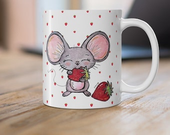 Mouse Coffee Mug, Cute Gift for anyone, Strawberry shortcake, berry sweet, gift for teacher, gift for mom, woodland critter, Tea cup, friend
