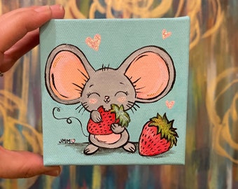 Sweet Little Mouse, Mini Masterpiece,Strawberry, farmhouse, vintage, tiny art, nursery, woodland,Christmas, Hanukkah