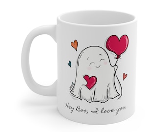Friendly Ghost Mug, Hey Boo, Love, Spooky Season, Gift, Hearts, Balloon, 11oz Ceramic Mug, Coffee, Tea, Halloween
