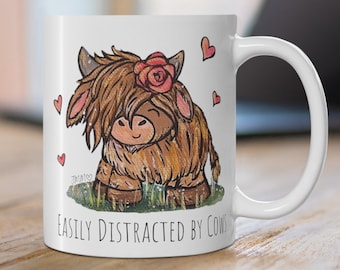 Easily Distracted by Cows, Highland Cow Mug, Teacher gift, Mother's Day, cow mom, floral, farm, ranch, country girl, Cute Cow Mug, Coffee