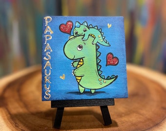 DINOSAUR, Papa, Daddy and Me, Tiny Painting, mini canvas, dad to be, father and son, daddy and daughter, Fathers Day