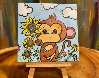 MONKEY Mini Masterpiece, Sunflowers,Floral, tiny canvas art, jungle, clouds, nursery, baby, wild one, Spring