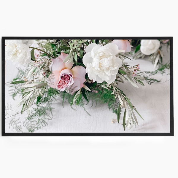 Samsung Frame TV Art, Fresh Floral Design, White Peony & Mauve Rose