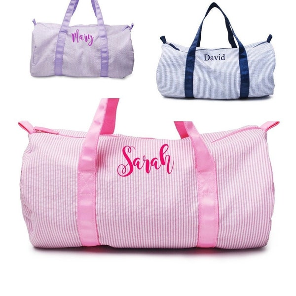 Personalized Monogrammed Seersucker Duffle Bag Navy, Pink or Purple Seersucker Duffle Bag - Seersucker Travel Bag - Seersucker Overnight Bag