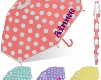 Personalized Kids Umbrella with Polka Dots Purple Yellow Teal or Coral