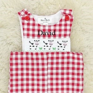 Boy Smocked Monogrammed Personalized Cow Farm Red Gingham Jon Jon Romper