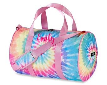 Personalized Monogrammed Tie Dye Duffle Bag, Pastel, Primary or Aqua Pink Mint Purple with Adjustable Strap