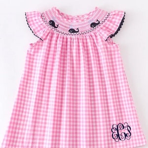 Girl Monogrammed Personalized Smocked Dress with Whales Pink Gingham Navy Trim Ruffle Sleave