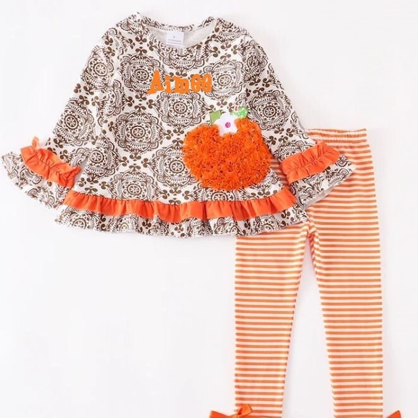 Girl Monogrammed Personalized Motif Pumpkin Applique Striped Pants Set, Thanksgiving Outfit, Fall Outfit