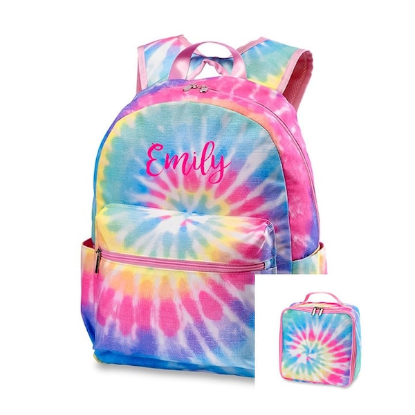 Personalized Monogrammed Tie Dye Backpack and Lunchbox Back to School Pastel Yellow Pink Aqua Mint Purple