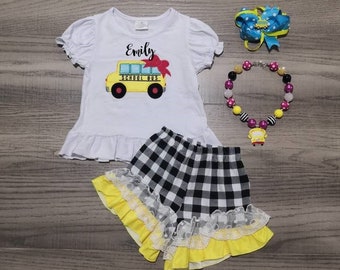 Girl Monogrammed Personalized School Bus Shirt Plaid Shorts Back to School Outfit with Bow and Necklace