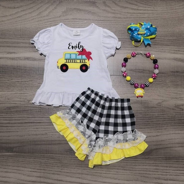 Girl Monogrammed Personalized School Bus Shirt Plaid Shorts Back to School Outfit with Bow and Necklace