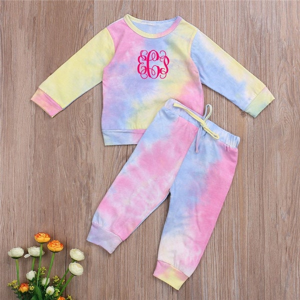 Monogrammed Personalized Infant Kids Baby Girl’s Cotton Long-sleeved Tie-dye Suit Round Neck Pullover Top Elastic Waist Long Pants