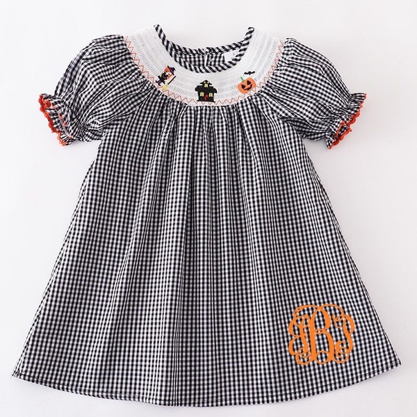 Girl Monogrammed Personalized Smocked Halloween Dress with Witch, Pumpkin & Haunted House Black and White Gingham