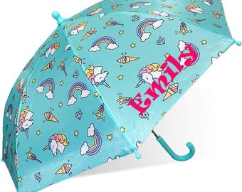 Unicorn and Rainbow Print Personalized Monogrammed Kids Children's Size Umbrella